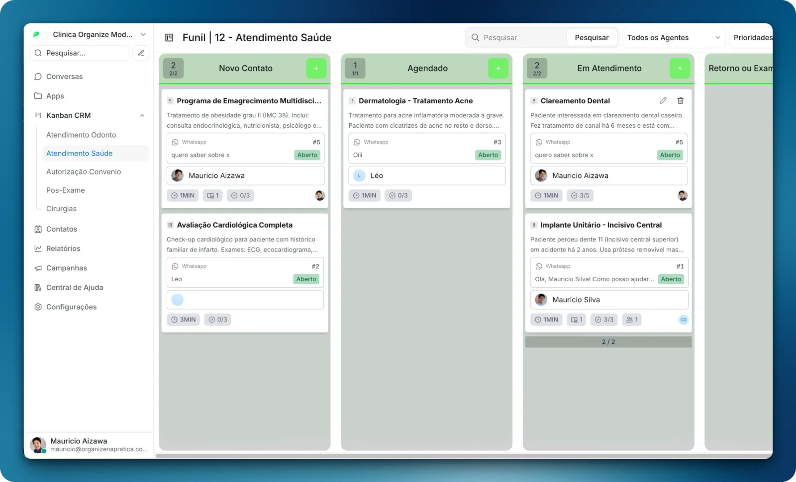 Kanban de atendimento do Organize.Chat