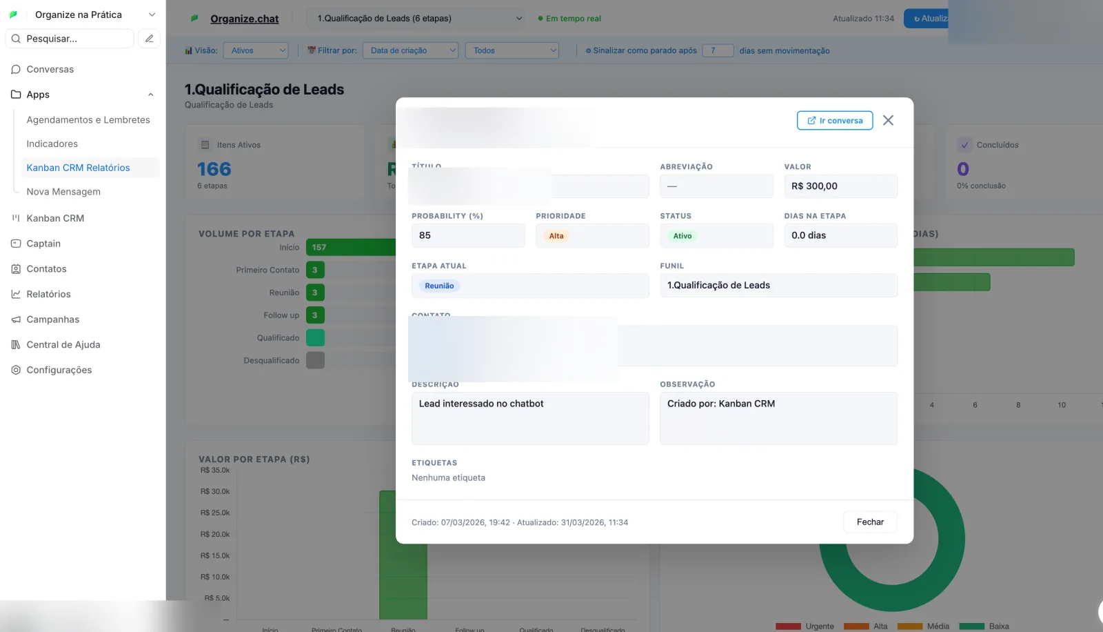 Ficha completa de um cliente no Kanban CRM do Organize.Chat