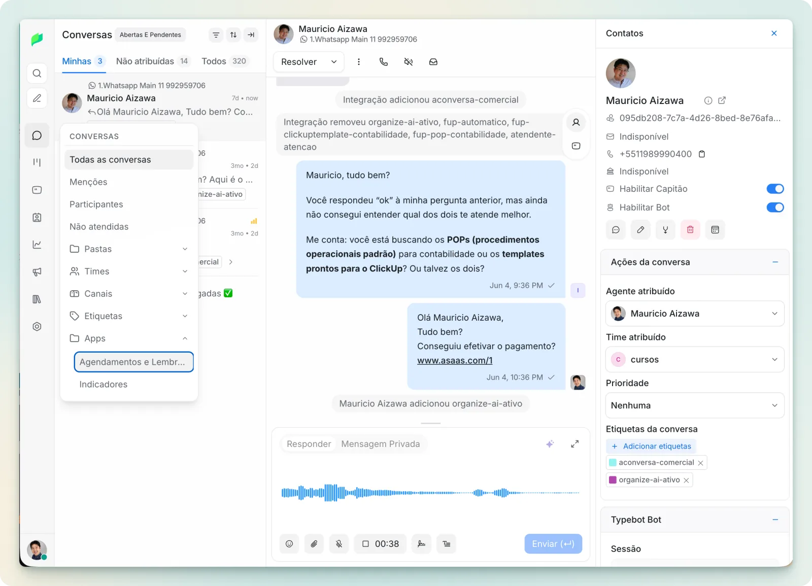 Interface principal do Organize.chat mostrando a central de conversas com gestão completa de atendimento WhatsApp