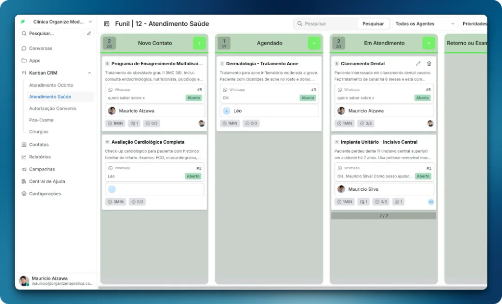 Interface do Kanban CRM Organize.Chat