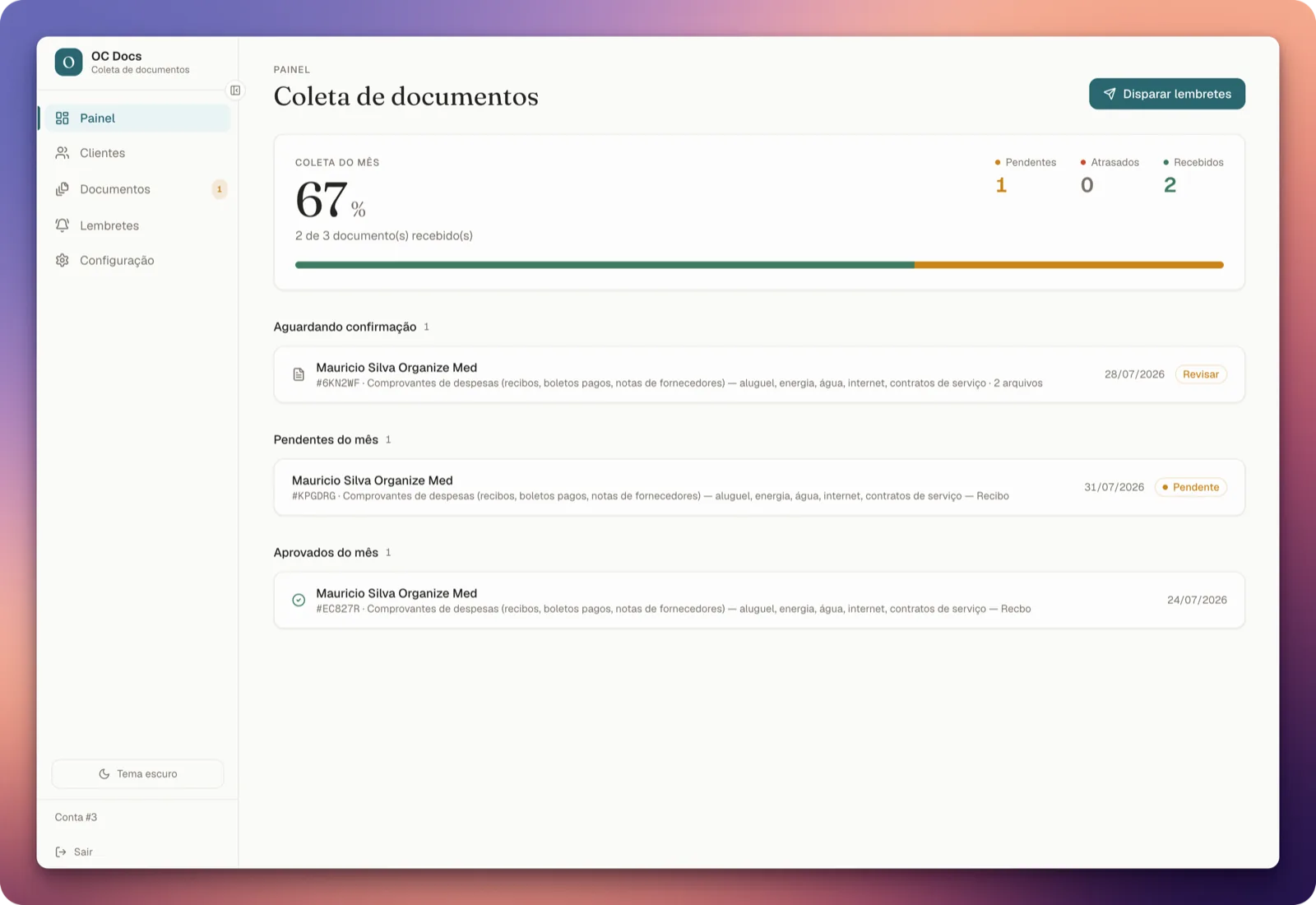 Painel do OC Docs mostrando documentos pendentes, atrasados e aguardando conferência