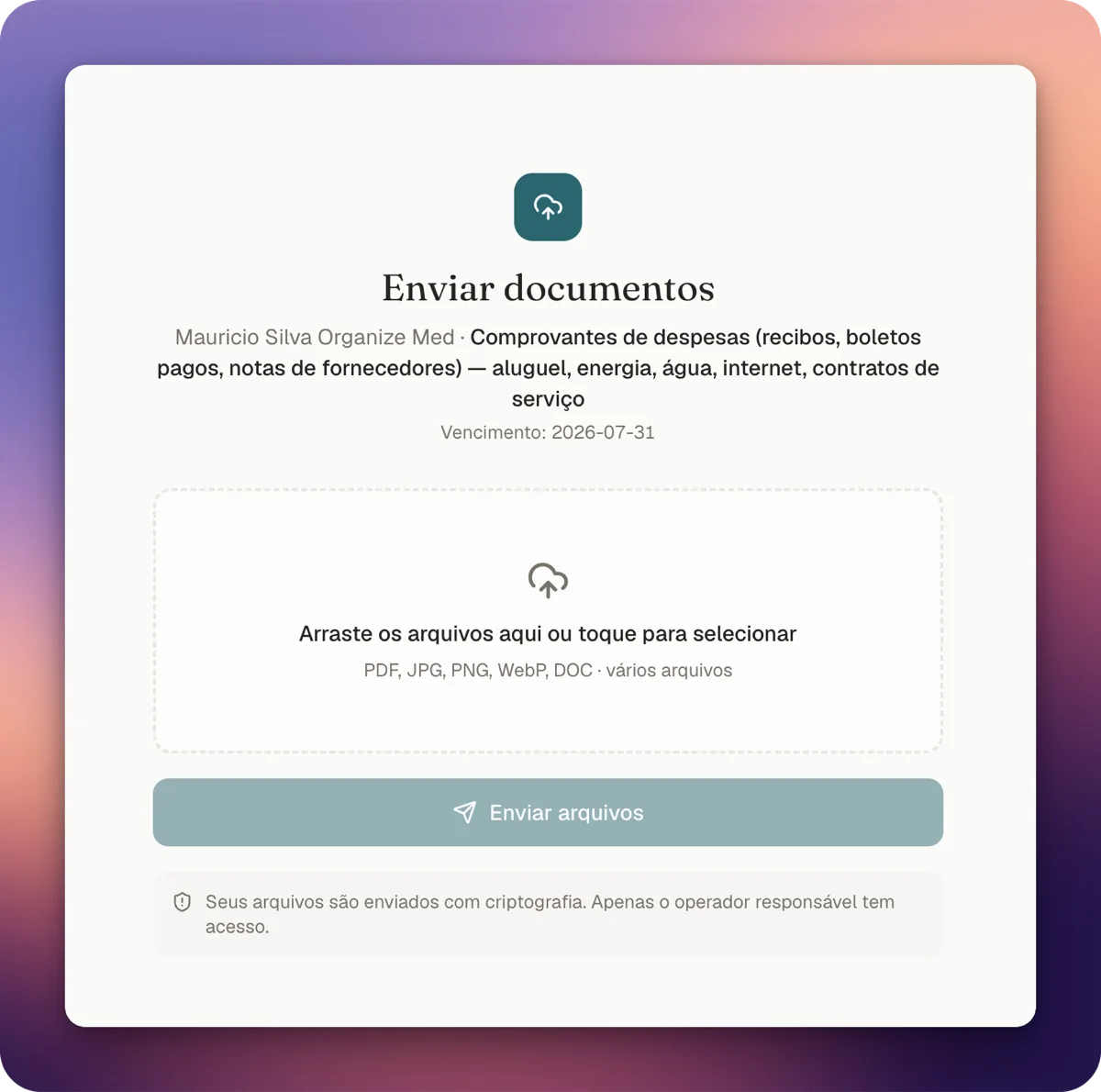 Tela de envio de documento que o cliente final abre no celular